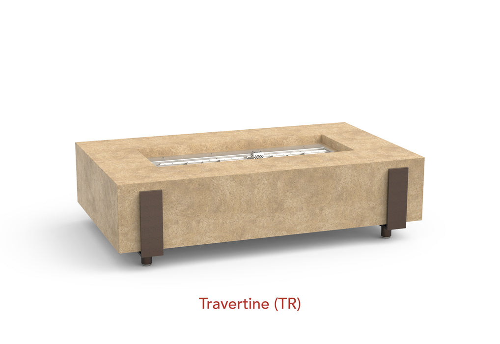 American Fyre Designs 60" Iron Saddle Gas Firetable Fire Pit Table American Fyre Designs Travertine Propane Gas Manual Ignition System