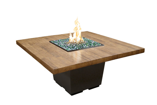 American Fyre Designs 60" Reclaimed Wood Cosmopolitan Square Dining Gas Firetable Fire Pit Table American Fyre Designs French Barrel Oak Natural Gas Manual Ignition System