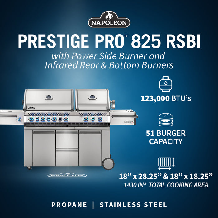 Napoleon Prestige PRO™ 825 94" Propane Gas Grill with Power Side Burner and Infrared Rear & Bottom Burners  Stainless Steel Free Standing Gas Grill Napoleon   