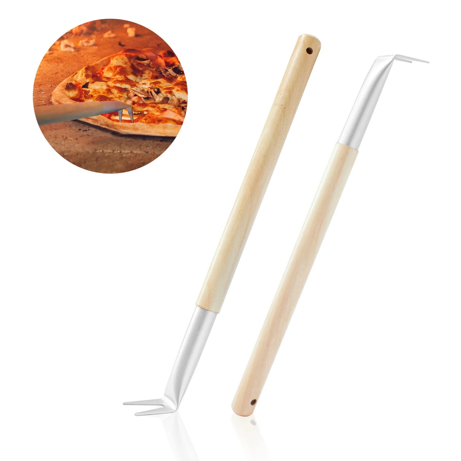 Chicago Brick Oven Aluminum Pizza Spinner Turning Fork With Wooden Handle & Leather Strap (2-pack) Pizza Spinner Turning Fork Chicago Brick Oven (CBO)   