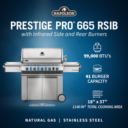 Napoleon Prestige PRO™ 665 Natural Gas Grill 76" with Infrared Rear and Side Burners  Stainless Steel Free Standing Gas Grill Napoleon   