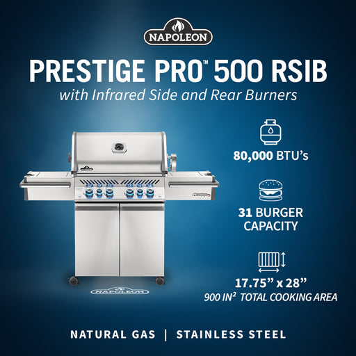 Napoleon Prestige PRO™ 500 66" Natural Gas Grill with Infrared Rear and Side Burners  Stainless Steel Free Standing Gas Grill Napoleon   